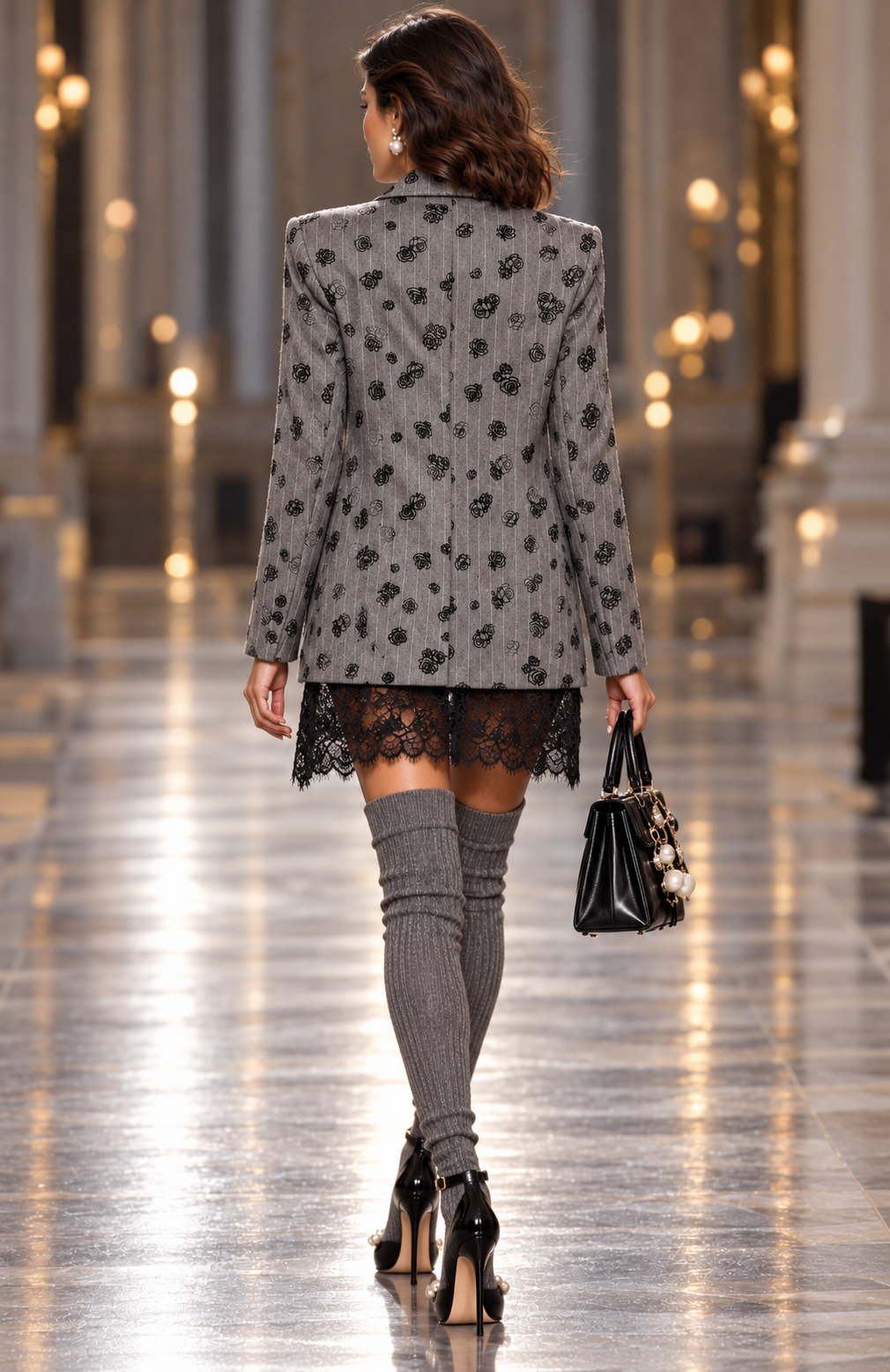 Statement-Blazer mit Blumenstickerei, Spitze und Perlendetails