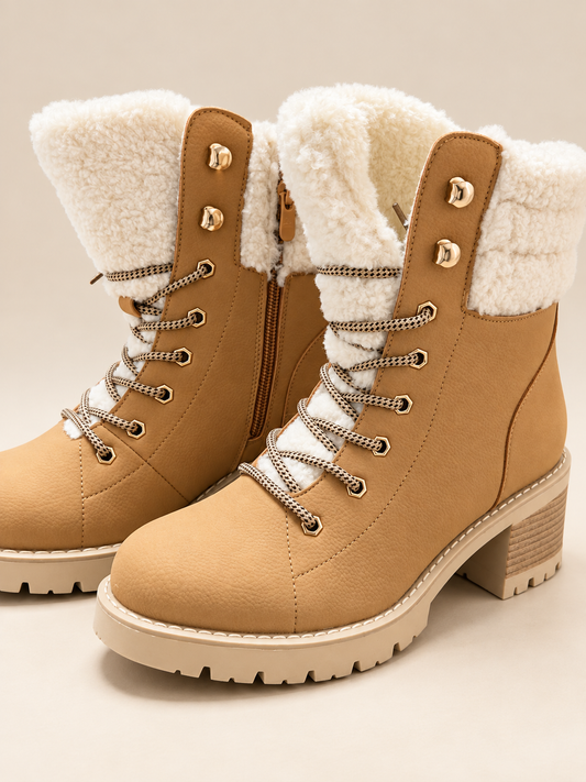 Winter-Schnürstiefeletten „Cozy Camel“ mit Teddyfutter und Blockabsatz