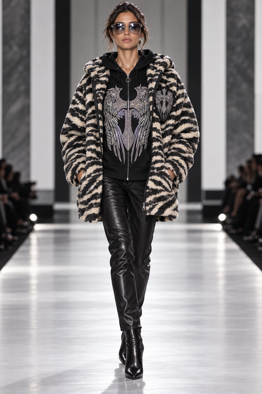 Kuschelige Zebrajacke mit funkelndem Kreuzflügel-Motiv Grau